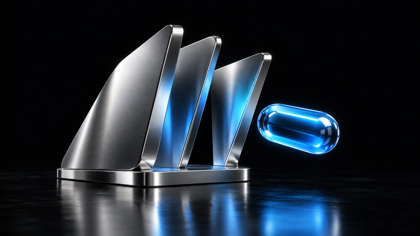 A blue capsule emerging through an open silver gate